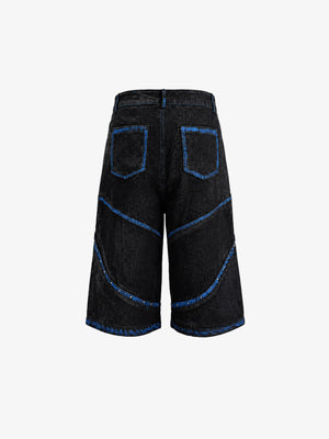Black Studded Jorts with Blue Trim and Zip Pockets – back flat | XoKool