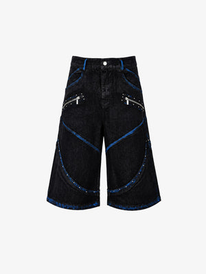 Black Studded Jorts with Blue Trim and Zip Pockets – Black/Blue, front flat | XoKool