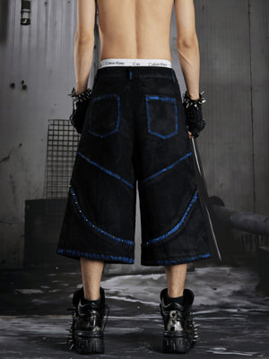 Black Studded Jorts with Blue Trim and Zip Pockets – on model, back | XoKool