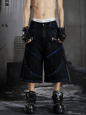 Black Studded Jorts with Blue Trim and Zip Pockets – on model, front | XoKool