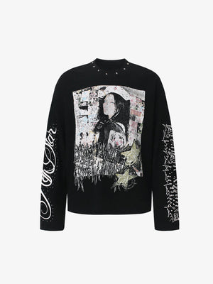 Schwarzes Longsleeve mit Nieten und Portrait-Print – Schwarz, Vorderseite flach | XoKool