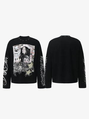 Schwarzes Longsleeve mit Nieten und Portrait-Print – Vorder- und Rückseite flach | XoKool
