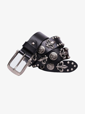 Black Studded Rivet Belt with Fleur Conchos – Black, coiled | XoKool