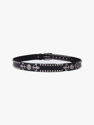 Black Studded Rivet Belt with Fleur Conchos – Black, full length | XoKool