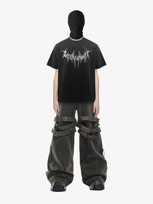 Black Tribal Back Print T-Shirt – On model, front (face covered by balaclava) | XoKool