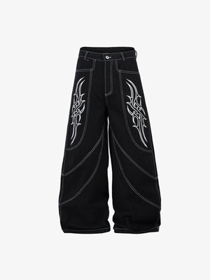 Black Tribal Jeans with White Embroidery – Black, front flat | XoKool