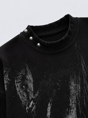Waffle mock neck top – neck studs and front print close-up | XoKool