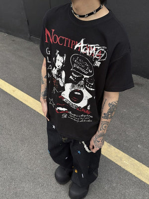 Black Waffle Knit Y2K Graphic Tee with Rhinestone Star – on model, front | XoKool