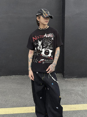 Black Waffle Knit Y2K Graphic Tee with Rhinestone Star – street photo | XoKool