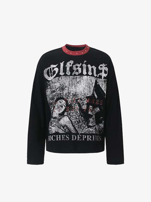 Black Waffle Long Sleeve Graphic Tee with Studded Collar – Black / Red, front flat view | XoKool