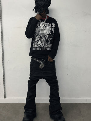 Black Waffle Long Sleeve Graphic Tee with Studded Collar – street photo, on model full length | XoKool