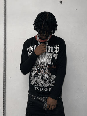 Black Waffle Long Sleeve Graphic Tee with Studded Collar – street photo, on model | XoKool