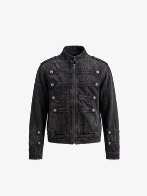 Black Washed Denim Military Band Jacke – Schwarz, Vorderseite flach | XoKool
