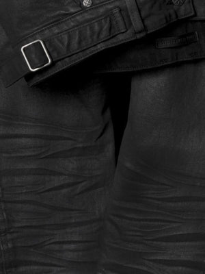 Black waxed jeans – waist buckle adjuster close-up | XoKool