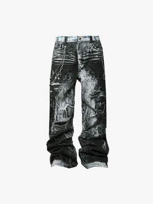 Black and White Printed Jeans with Stacked Hem – flat front | XoKool