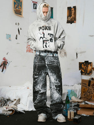 Black and White Printed Jeans with Stacked Hem – on model, front | XoKool
