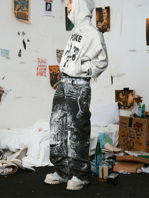 Black and White Printed Jeans with Stacked Hem – on model, side | XoKool