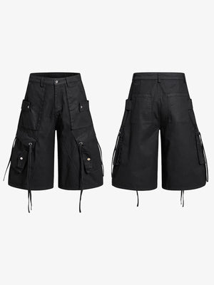 Black drawstring cargo shorts – front and back flat | XoKool