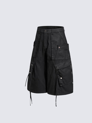 Black Wide Leg Drawstring Cargo Shorts – front flat, angled | XoKool