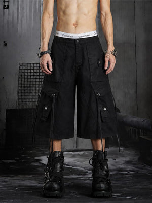 Black Wide Leg Drawstring Cargo Shorts – on model, front | XoKool