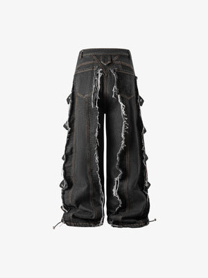 Black Wide Leg Jeans with Frayed Strips – back flat | XoKool