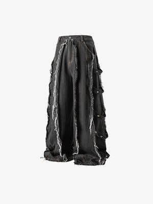 Black Wide Leg Jeans with Frayed Strips – front flat 2 | XoKool