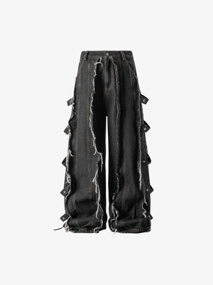 Black Wide Leg Jeans with Frayed Strips – Vintage Black, front flat | XoKool