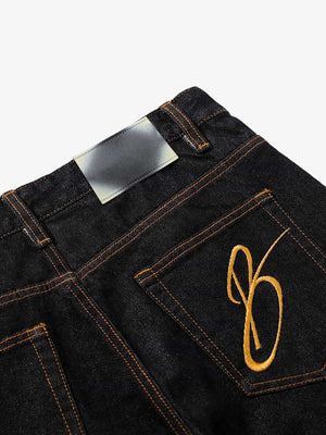 Black Wide Leg Jeans with Crossover Waist – Black, back waistband close-up | XoKool