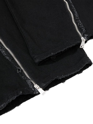 Schwarze Wide Leg Jeans mit Reißverschluss – Reißverschluss und roher Saum in Nahaufnahme | XoKool