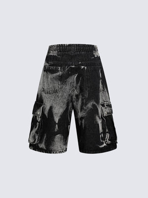 Denim-Cargoshorts mit Tunnelzug im Bleach-Wash – Schwarz Bleach Wash, Rückseite flach | XoKool