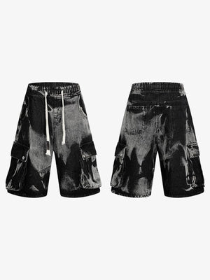 Jeansshorts mit Tunnelzug – Schwarz Bleach Wash, Vorder- und Rückseite | XoKool