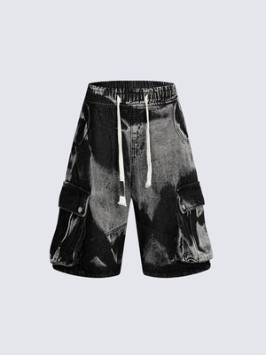 Denim-Cargoshorts mit Tunnelzug im Bleach-Wash – Schwarz Bleach Wash, Vorderseite flach | XoKool