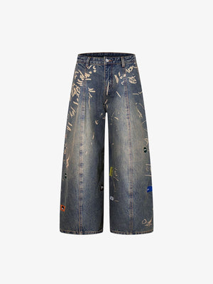Bleached Graffiti Wide Leg Jeans with Patches – Blue, front flat | XoKool