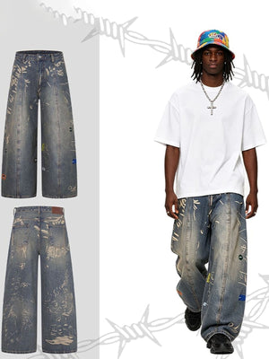 Bleached graffiti jeans – flat front/back and model walking | XoKool