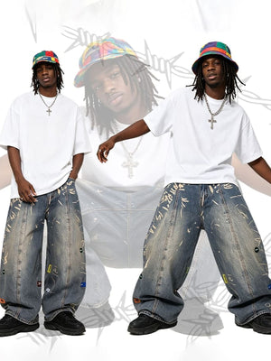 Bleached Graffiti Wide Leg Jeans with Patches – on models, group shot | XoKool