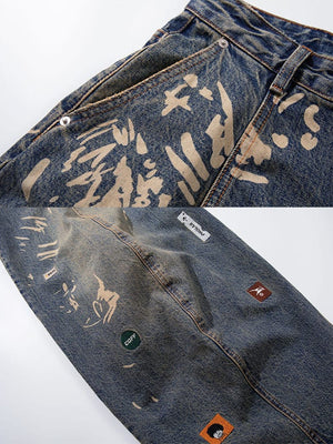 Bleached graffiti jeans – pocket print and patches close-up | XoKool