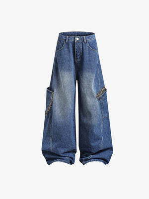 Blaue Baggy Cargo Jeans mit Leopardenmuster-Besatz – Vorderseite, flach | XoKool