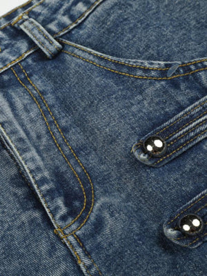 Studded strap barrel jeans – front pocket and tab close-up | XoKool