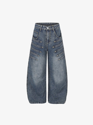 Blue Barrel Jeans with Studded Strap Tabs – Mid Blue, front flat | XoKool
