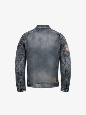 Blue Grey Denim Moto Jacket with Quilted Shoulders – Blue Grey, back | XoKool