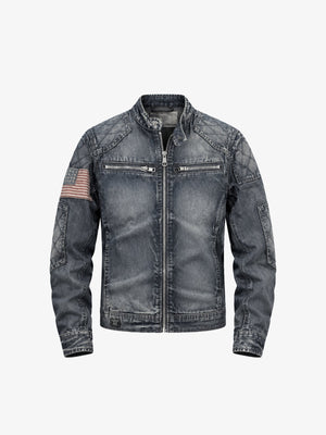 Blue Grey Denim Moto Jacket with Quilted Shoulders – Blue Grey, front | XoKool