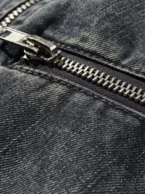Denim moto jacket – chest zip close-up | XoKool