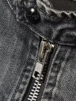 Denim moto jacket – collar snap and zip close-up | XoKool