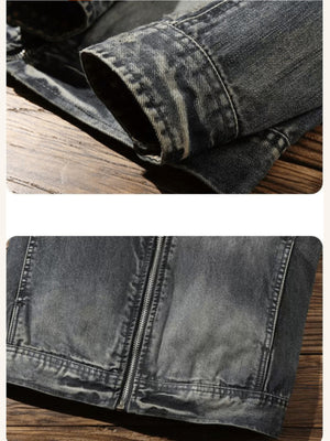 Blue Grey Denim Moto Jacket with Quilted Shoulders – cuff and hem close-ups | XoKool