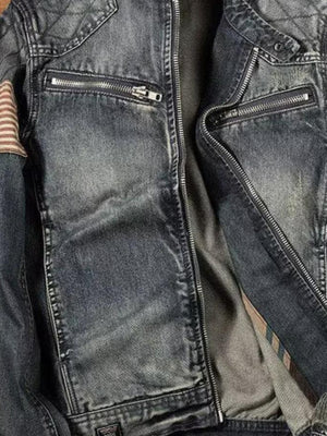 Denim moto jacket – open front, inside view | XoKool