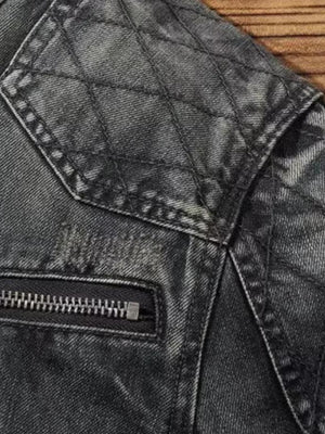 Blue Grey Denim Moto Jacket with Quilted Shoulders – quilted shoulder and chest zip close-up | XoKool