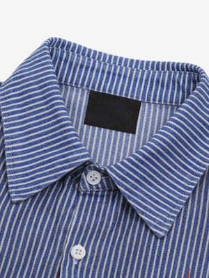 Blue Hickory Stripe Shirt with Red Star Print – Blue Stripe, inner collar close-up | XoKool