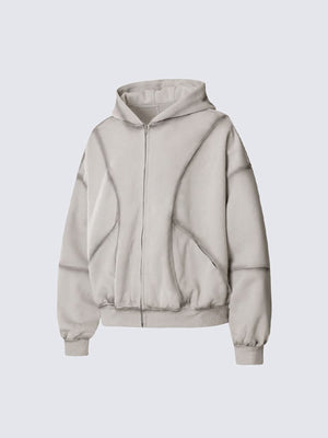 Boxy Cropped Zip Up Hoodie with Curved Panels – Beige, front view | XoKool