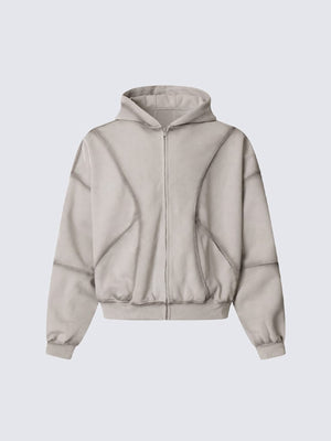 Boxy Cropped Zip Up Hoodie with Curved Panels – Beige, front view | XoKool