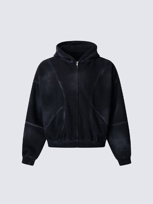 Boxy Cropped Zip Up Hoodie with Curved Panels – Black, front view | XoKool